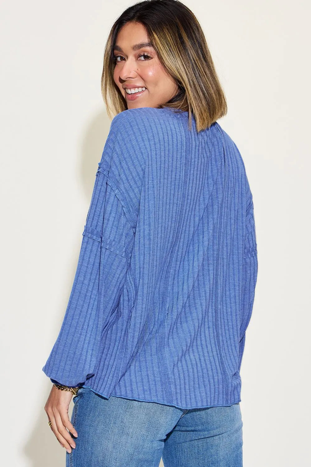 Plus Size Ribbed Round Neck Long Sleeve T-Shirt in Teal for Women