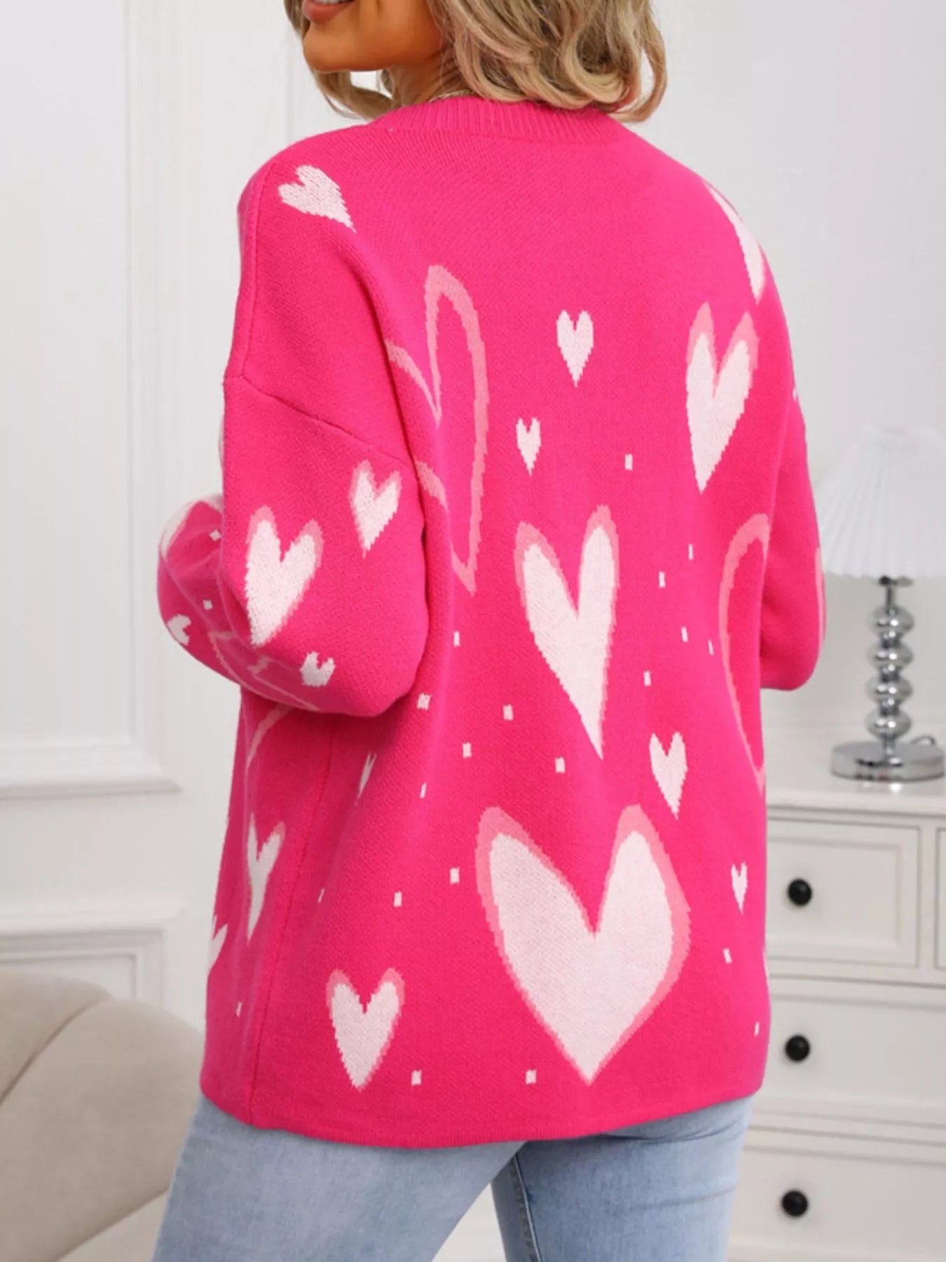 Valentines Day Heart Crew Neck Sweater in Rose Red in White for Women