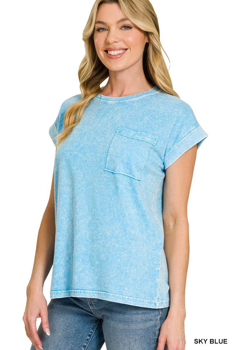 Halo Snow Washed Cuffed Short Sleeve Tee in Sky Blue for Women