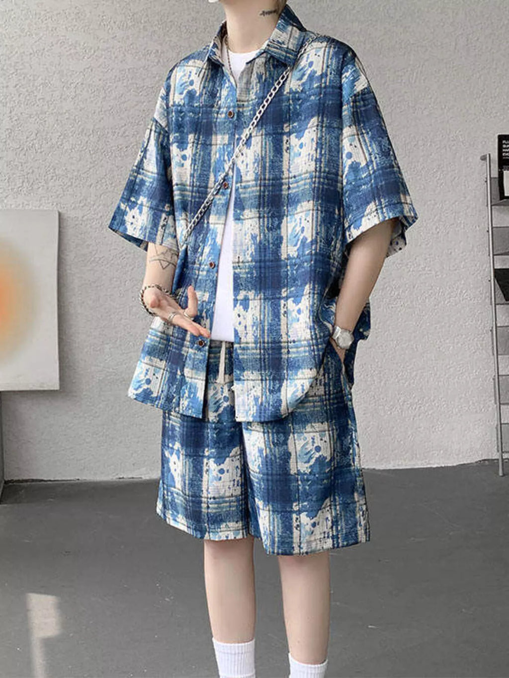 Plus Size Casual Plaid Print Shirt & Shorts Set in Purple for Men