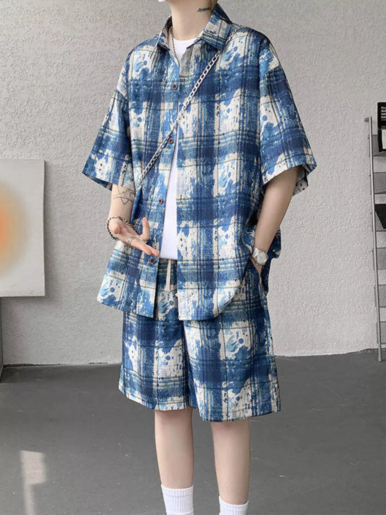 Plus Size Casual Plaid Print Shirt & Shorts Set in Purple for Men