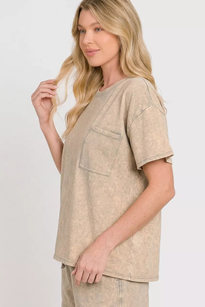 French Terry Acid Washed Relaxed Top & Short Set in Sleet for Women
