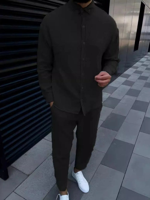 Button Down Long Sleeve Shirt and Pants Set in White for Men