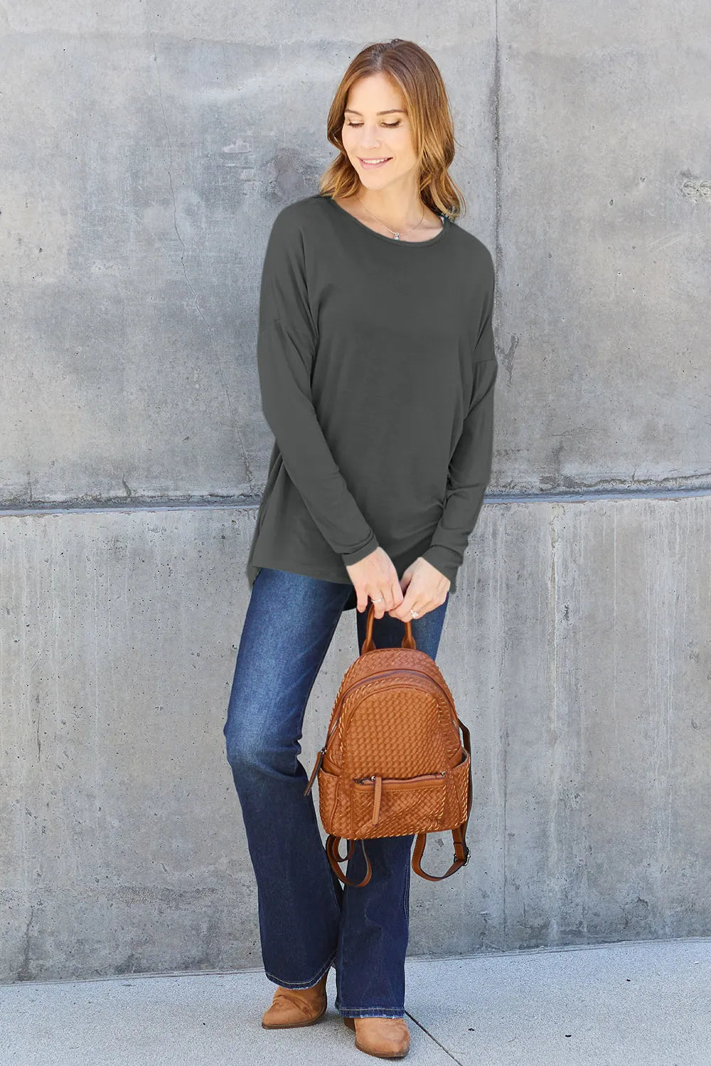 Plus Size Round Neck Dropped Shoulder T-Shirt for Women