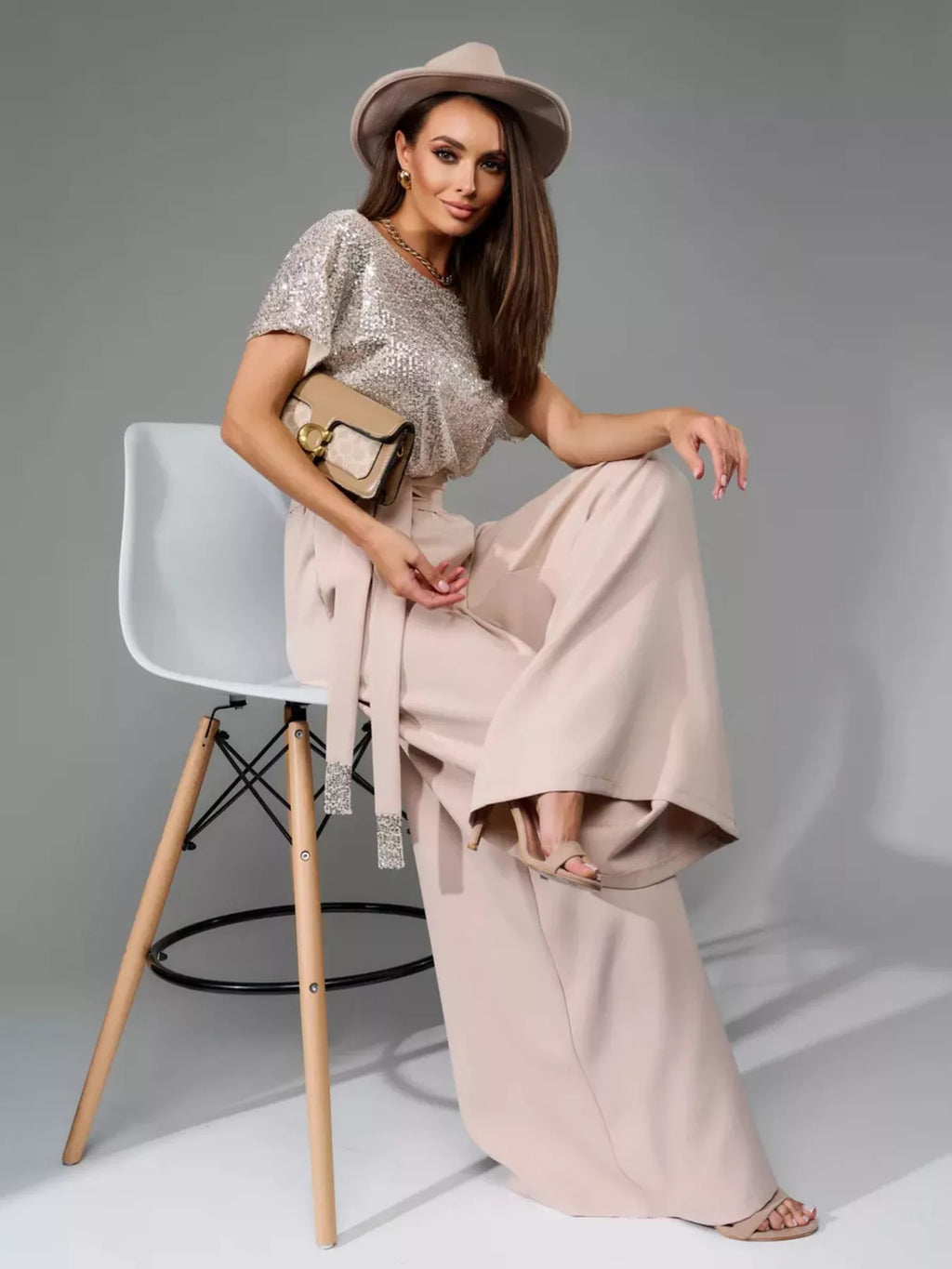 Plus Size Sequin Short Sleeve Wide Leg Jumpsuit in Apricot Silver for Women