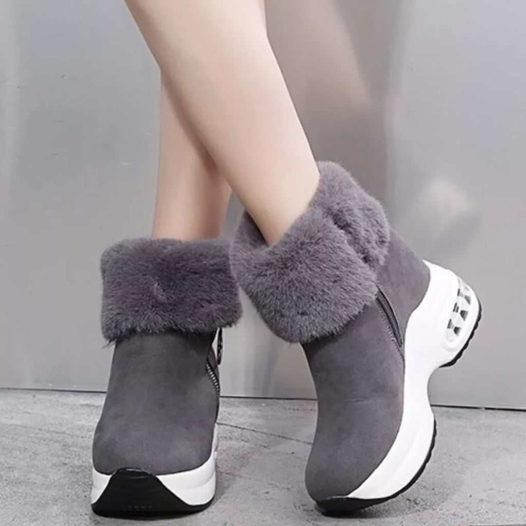 Fuzzy Side Zipper Platform Ankle Boots in Black for Women