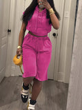 Hooded Crop Top and Shorts Set in Rose Red for Women