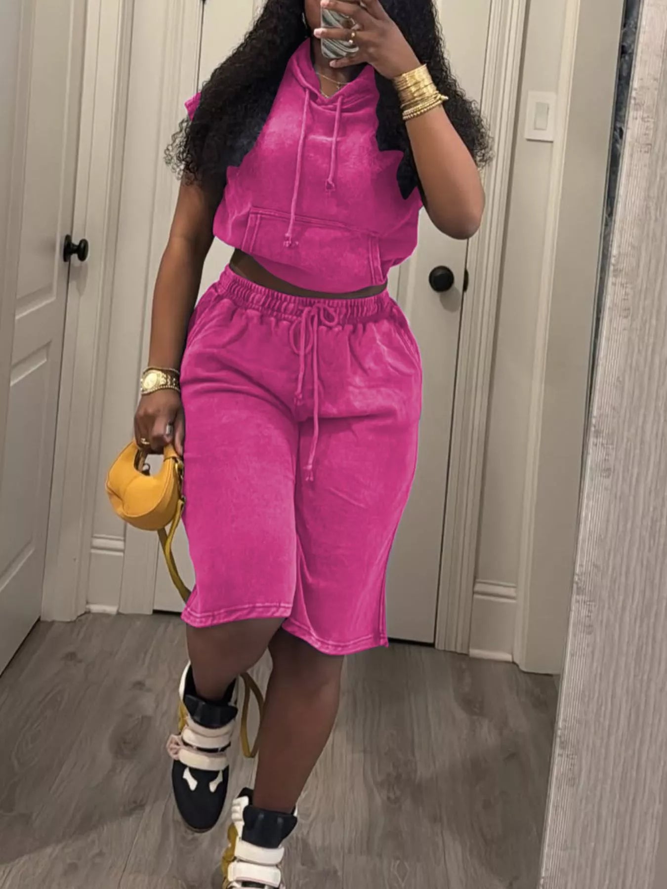 Hooded Crop Top and Shorts Set in Rose Red for Women