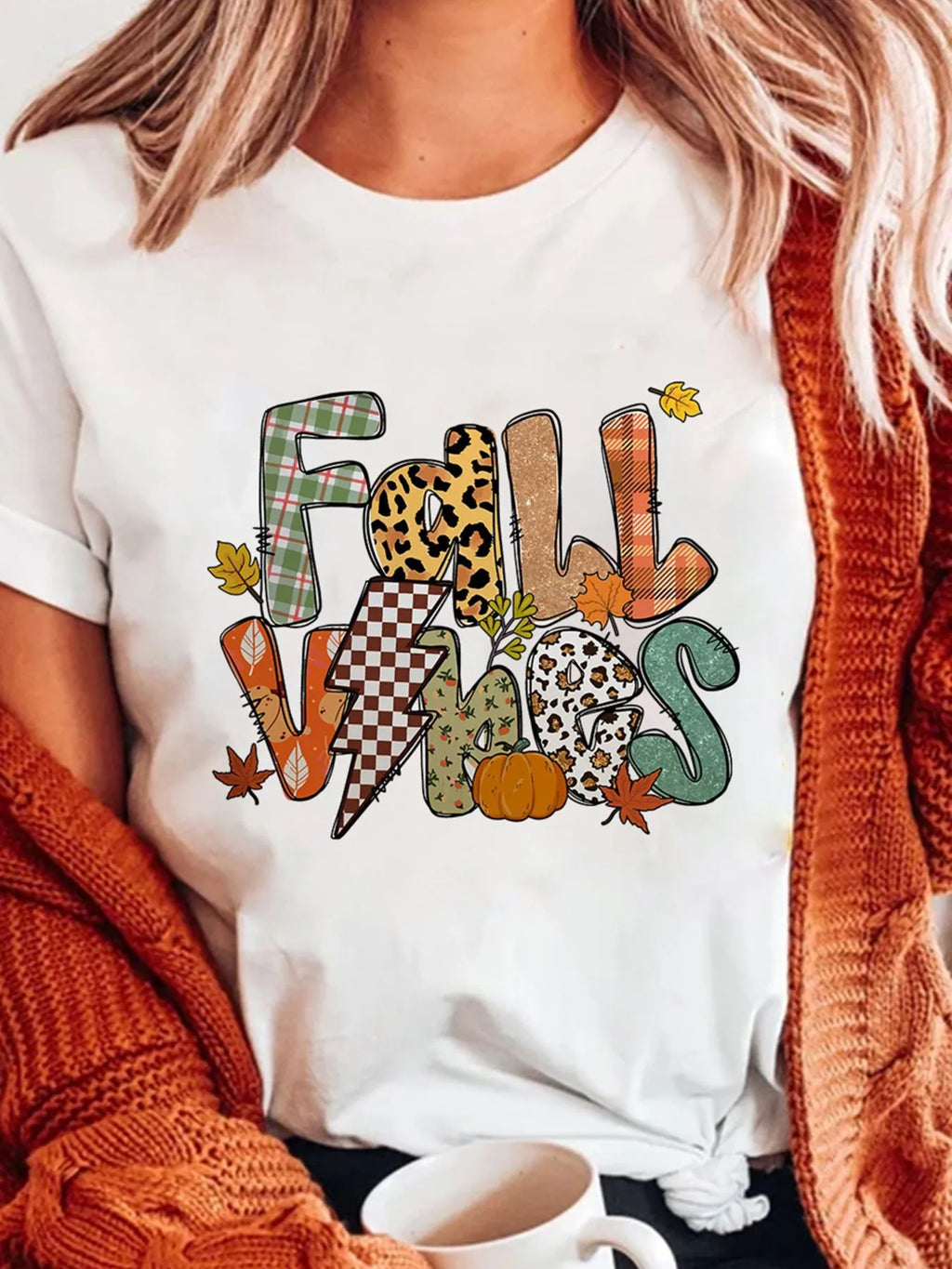 Fall Vibes Cotton Blend Casual T-Shirt in White for Women