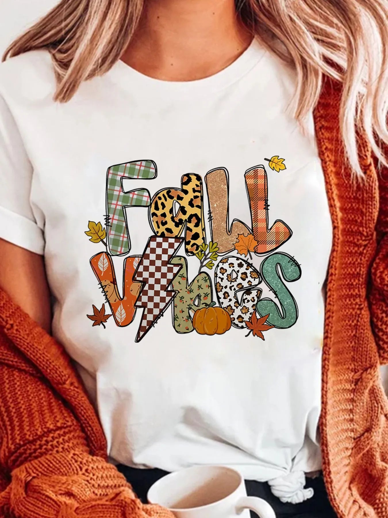 Fall Vibes Cotton Blend Casual T-Shirt in White for Women