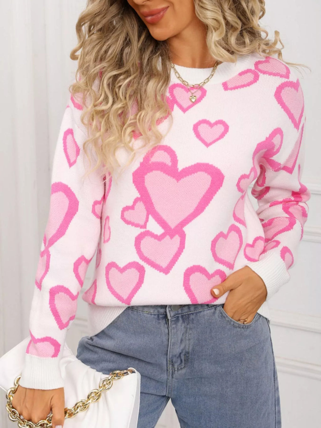 Valentines Day Heart Crew Neck Sweater in Pink for Women