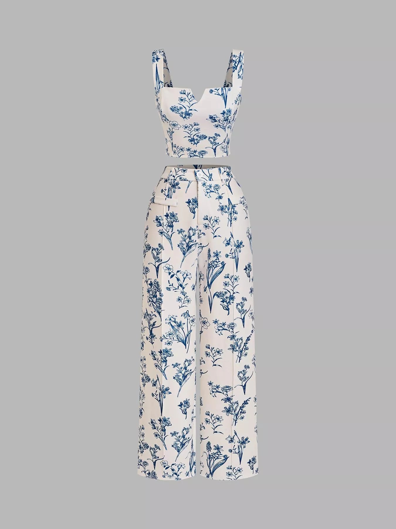 Floral Print Cami Top and Wide Leg Pants Set in Light Blue for Women