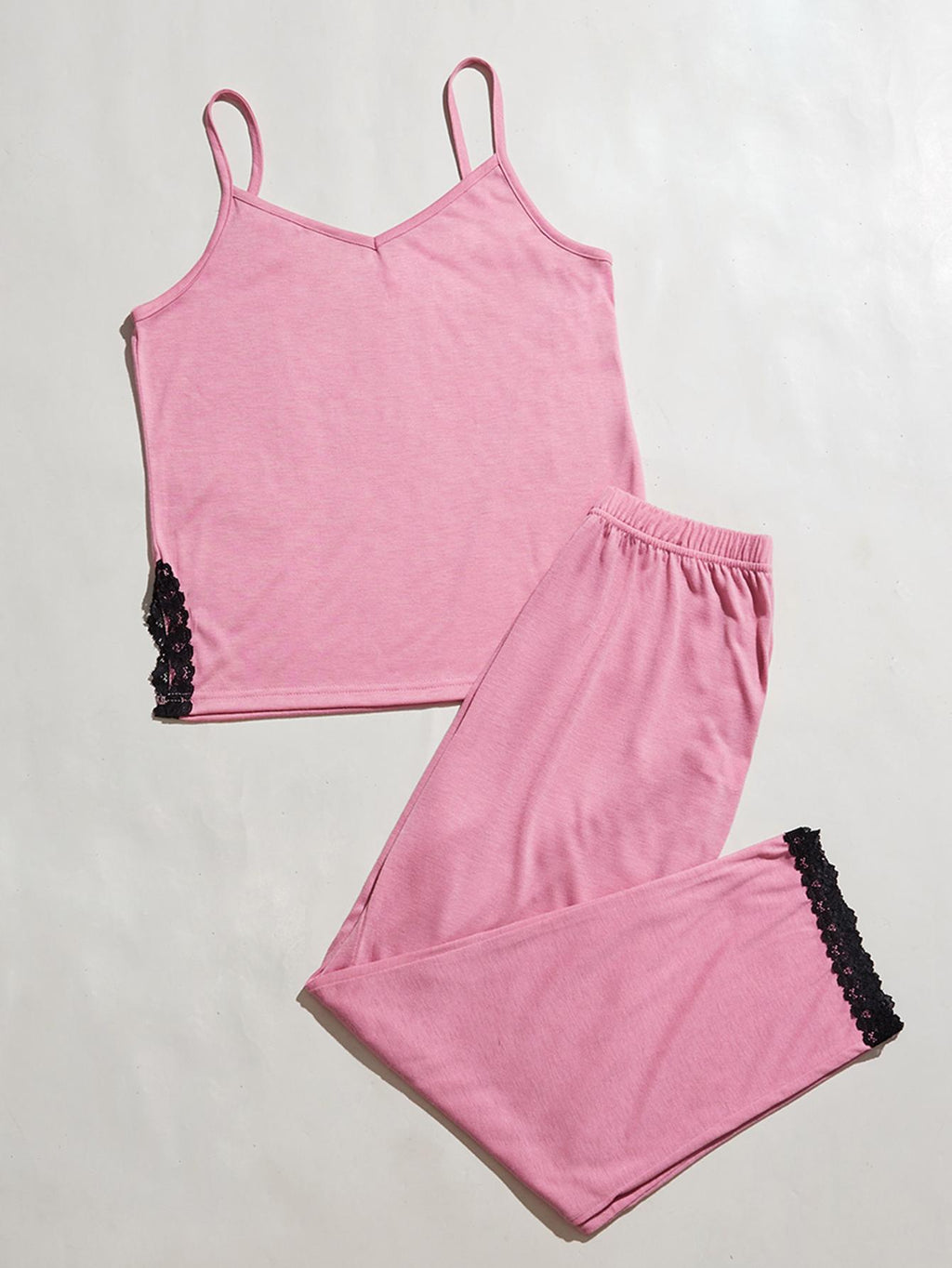 V-Neck Lace Trim Slit Cami and Pants Pajama Set in Purple for Women