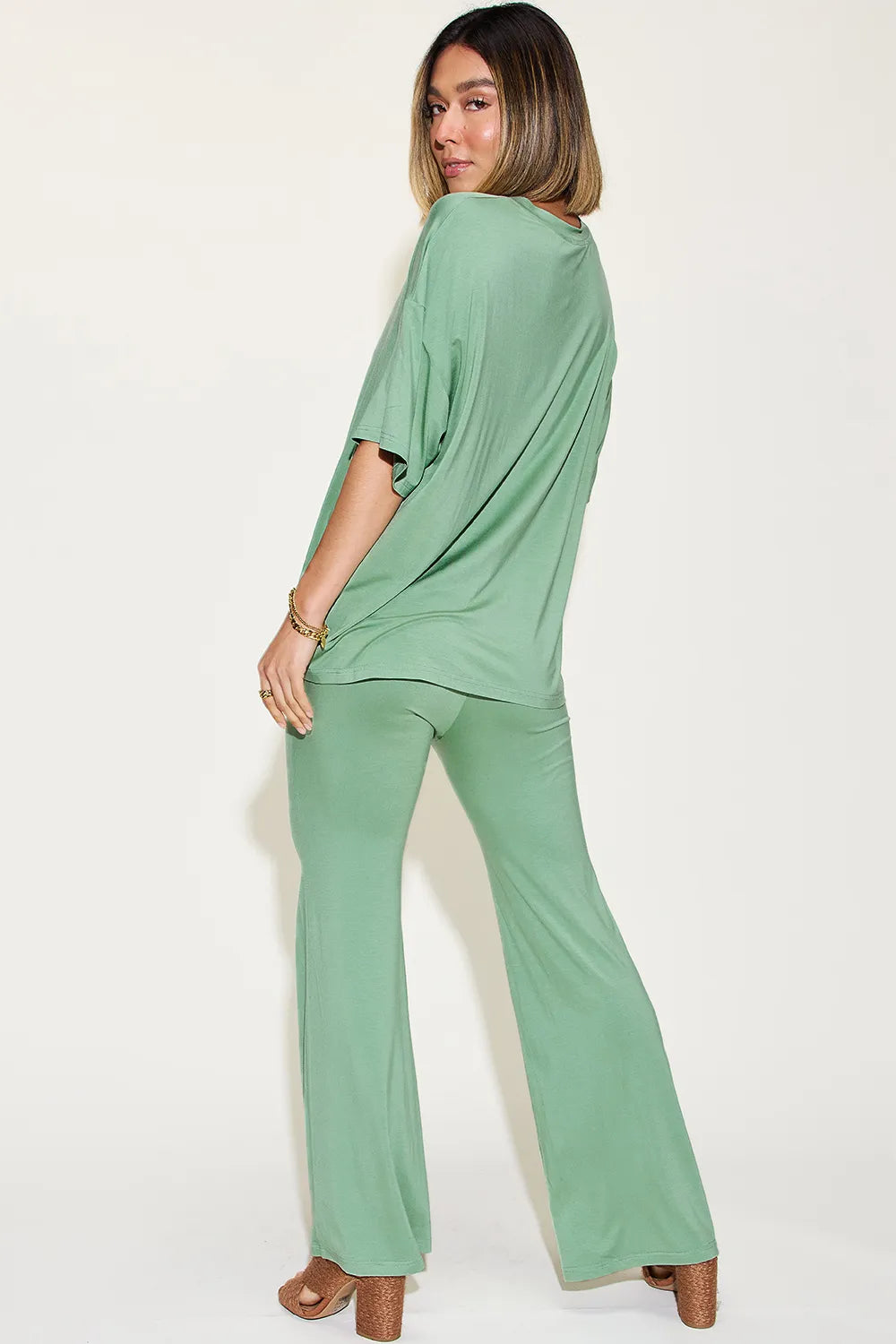 Plus Size Bamboo Drop Shoulder T-Shirt and Flare Pants Set in Sage for Women