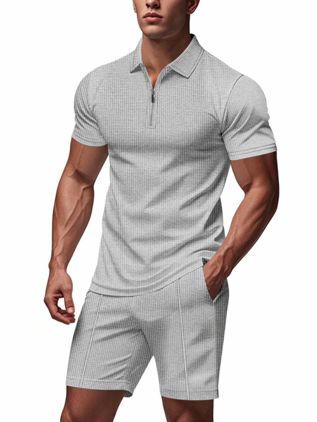 Plus Size Quarter Zip Short Sleeve Top and Shorts Set in Light Blue for Men