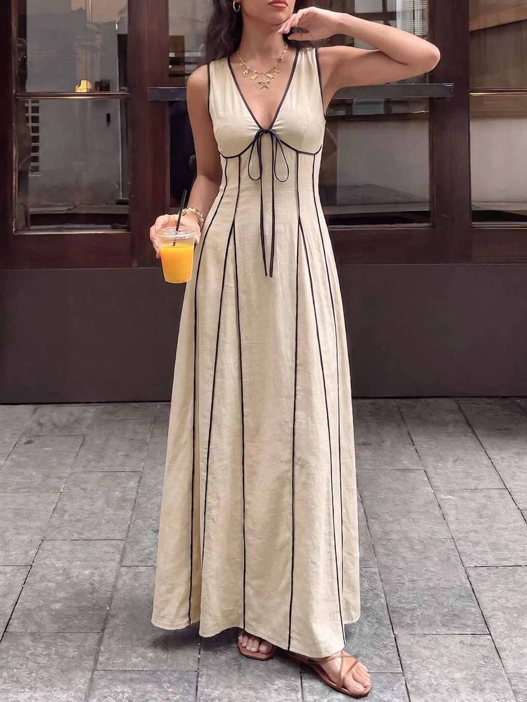 V-Neck Sleeveless Maxi Dress in Tan for Women