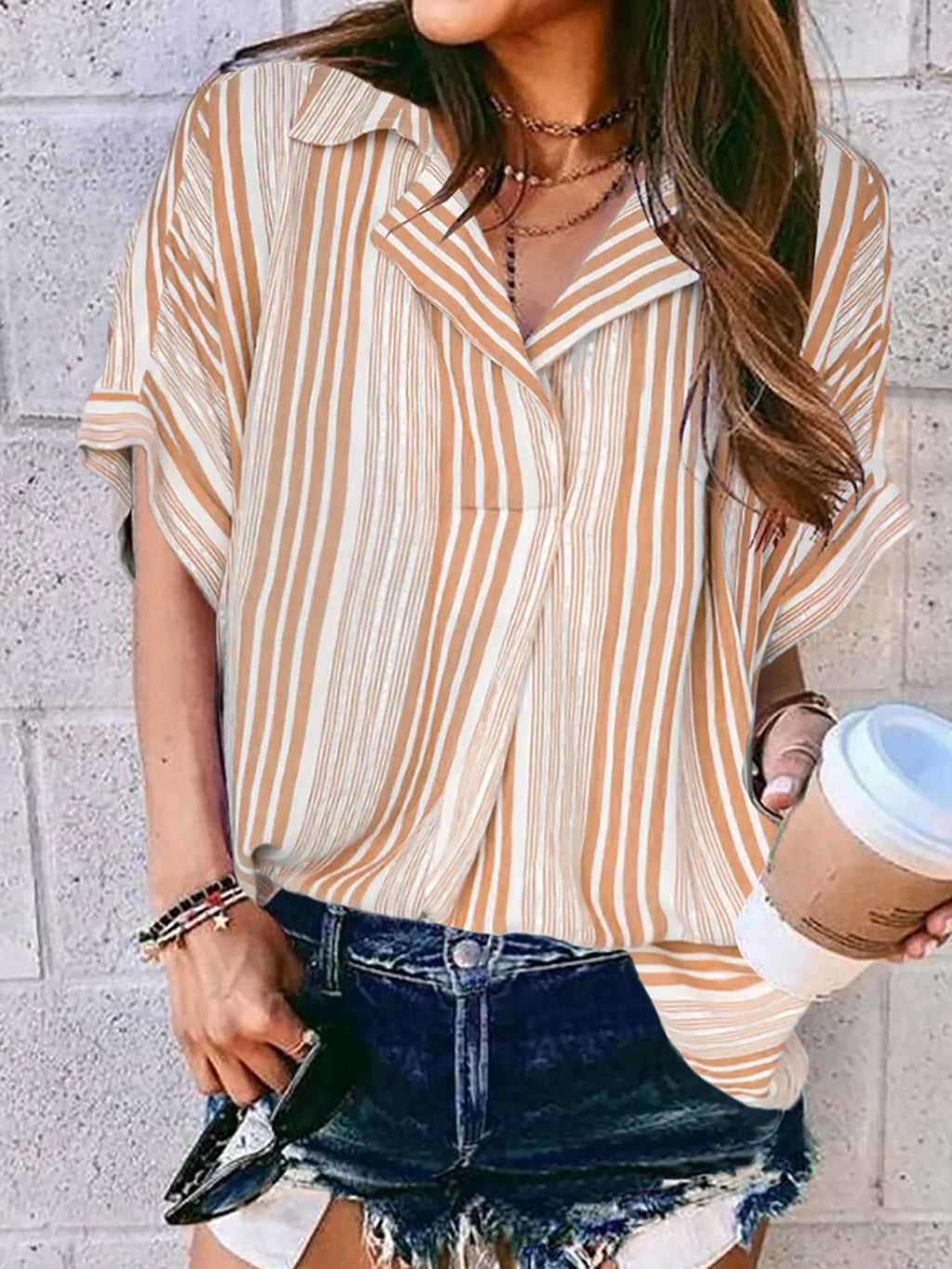 Collared Neck Half Sleeve Shirt Plus Size in Brown Dot for Women