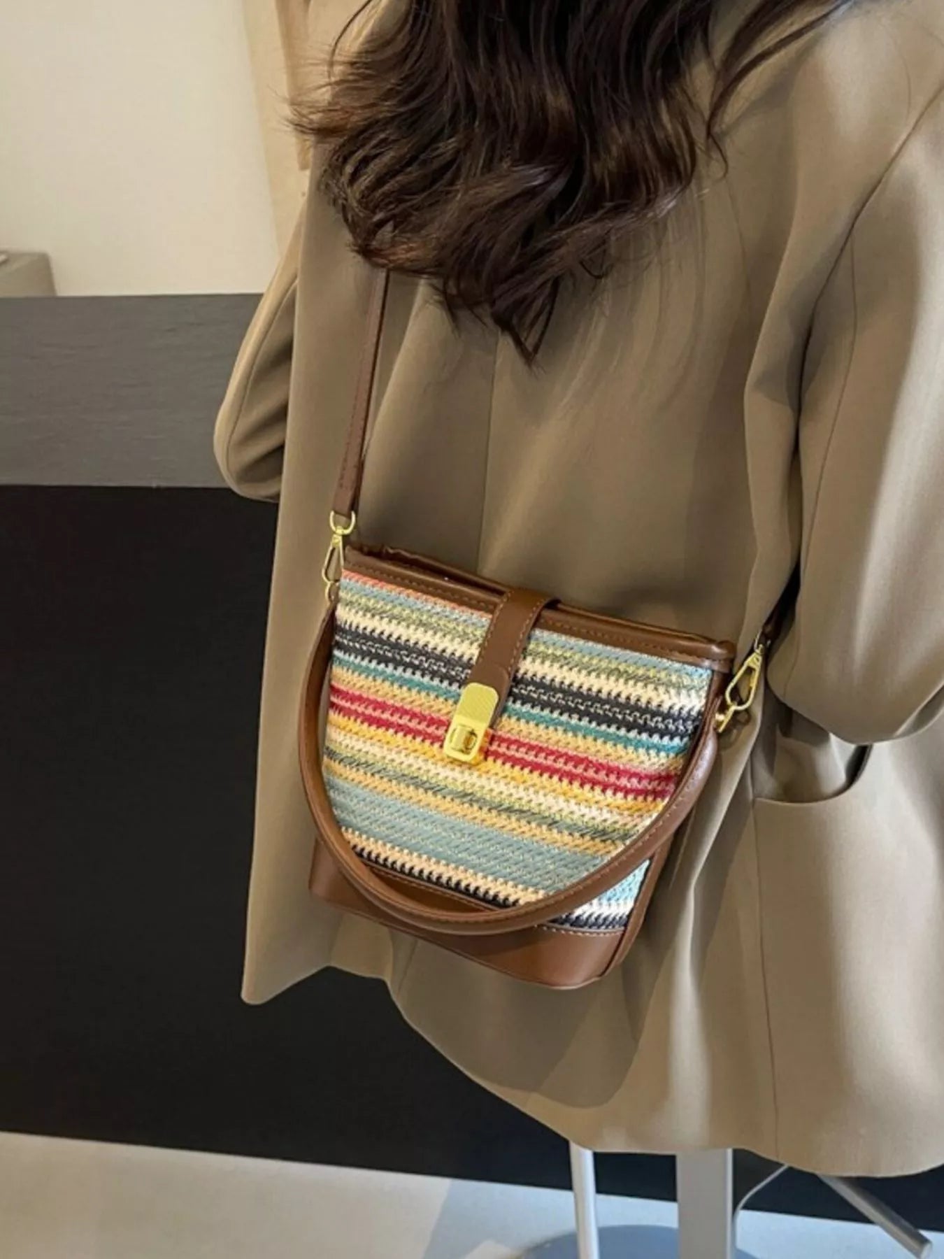 Striped Bucket Crossbody Bag for Women