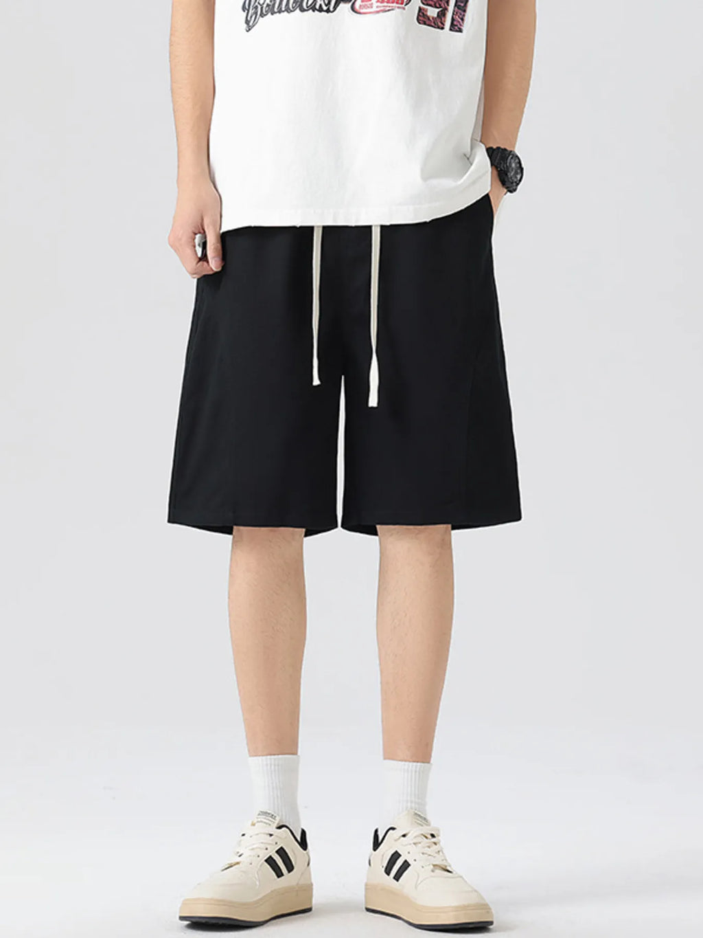 Casual Loose-Fit Drawstring Shorts Plus Size in Cream for Men