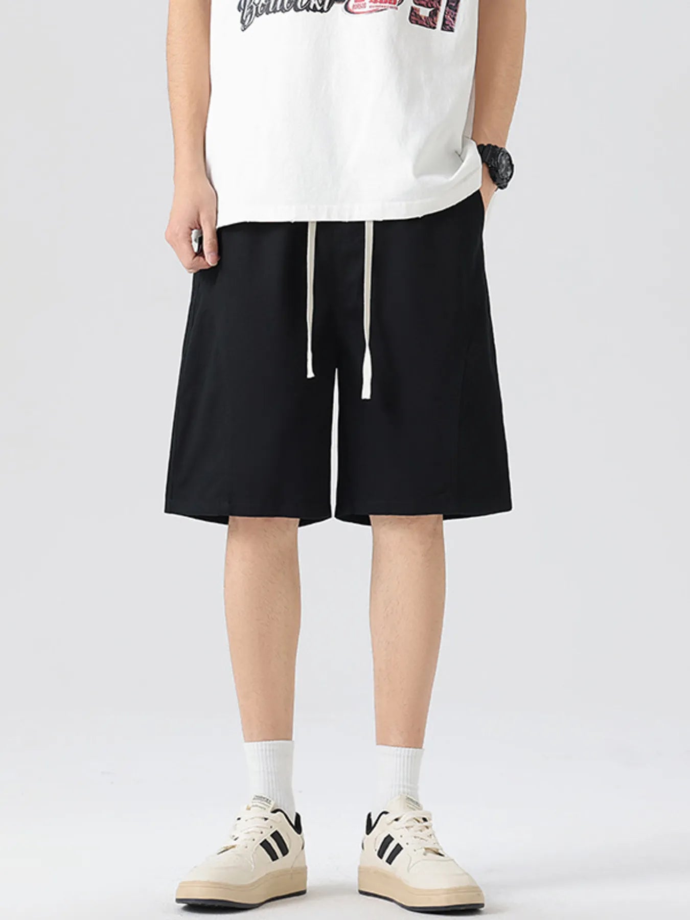 Casual Loose-Fit Drawstring Shorts Plus Size in Cream for Men