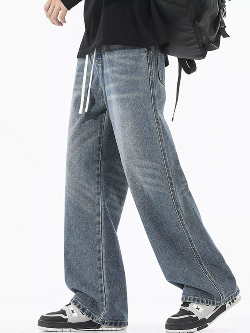 Wash Wide Leg Jeans Plus Size in Vintage Blue for Men