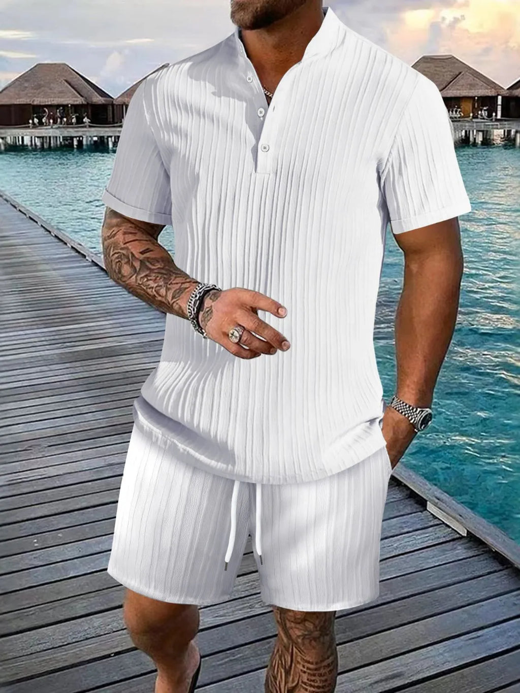 Button Detail Short Sleeve Top and Shorts Set Plus Size in White for Men