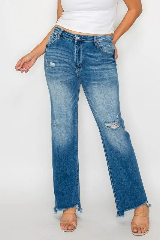 Plus Size Raw Hem Distressed Mid Rise Straight Jeans in Medium for Women
