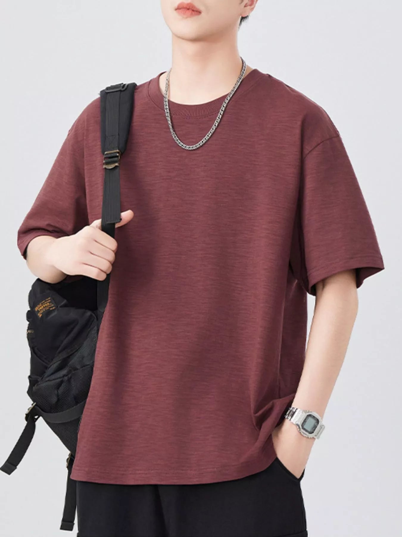 Plus Size Round Neck Half Sleeve T-Shirt in White in Khaki for Men