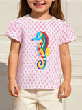 Seahorse Print Short Sleeve T-Shirt in Blush Pink for Girls