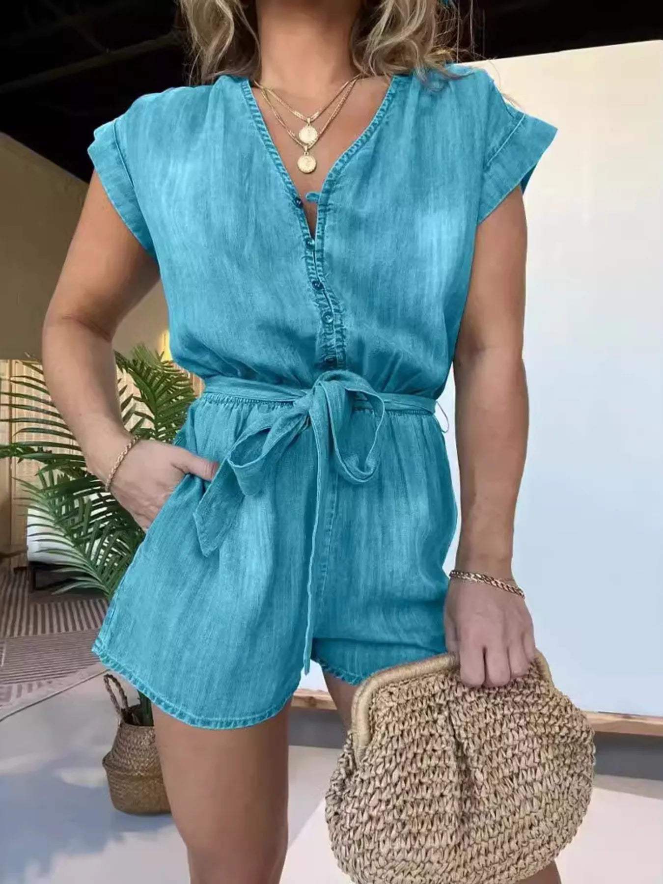 Plus Size Tie Waist Cap Sleeve Romper in Blue for Women