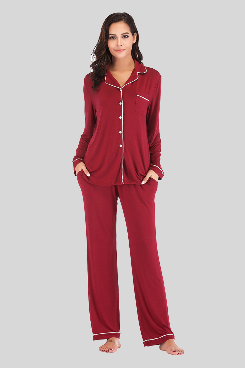 Collared Neck Long Sleeve Loungewear Set with Pockets in Peacock Blue for Women