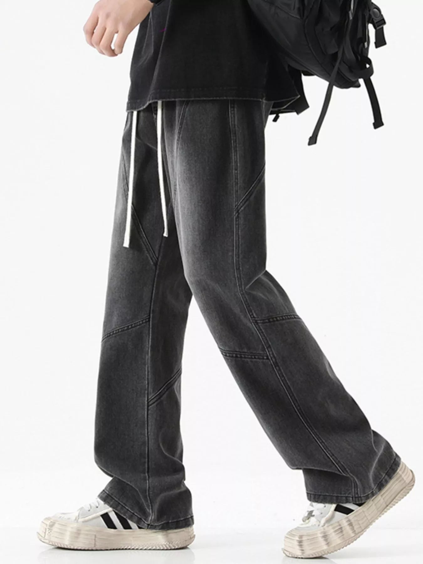 Drawstring Wide Leg Jeans Plus Size in Black for Men