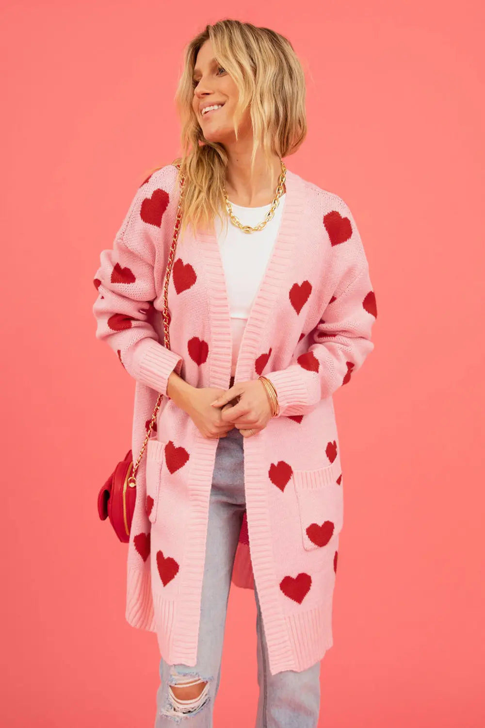 Heart Graphic Open Front Cardigan with Pockets for Women