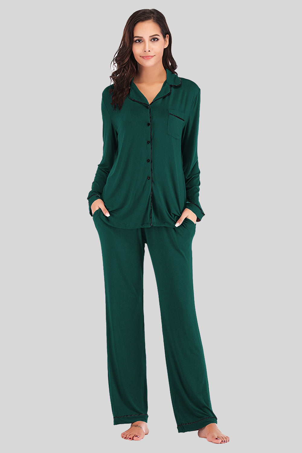 Collared Neck Long Sleeve Loungewear Set with Pockets in Navy for Women