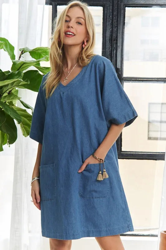 V-Neck Half Sleeve Mini Denim Dress in Peacock Blue for Women