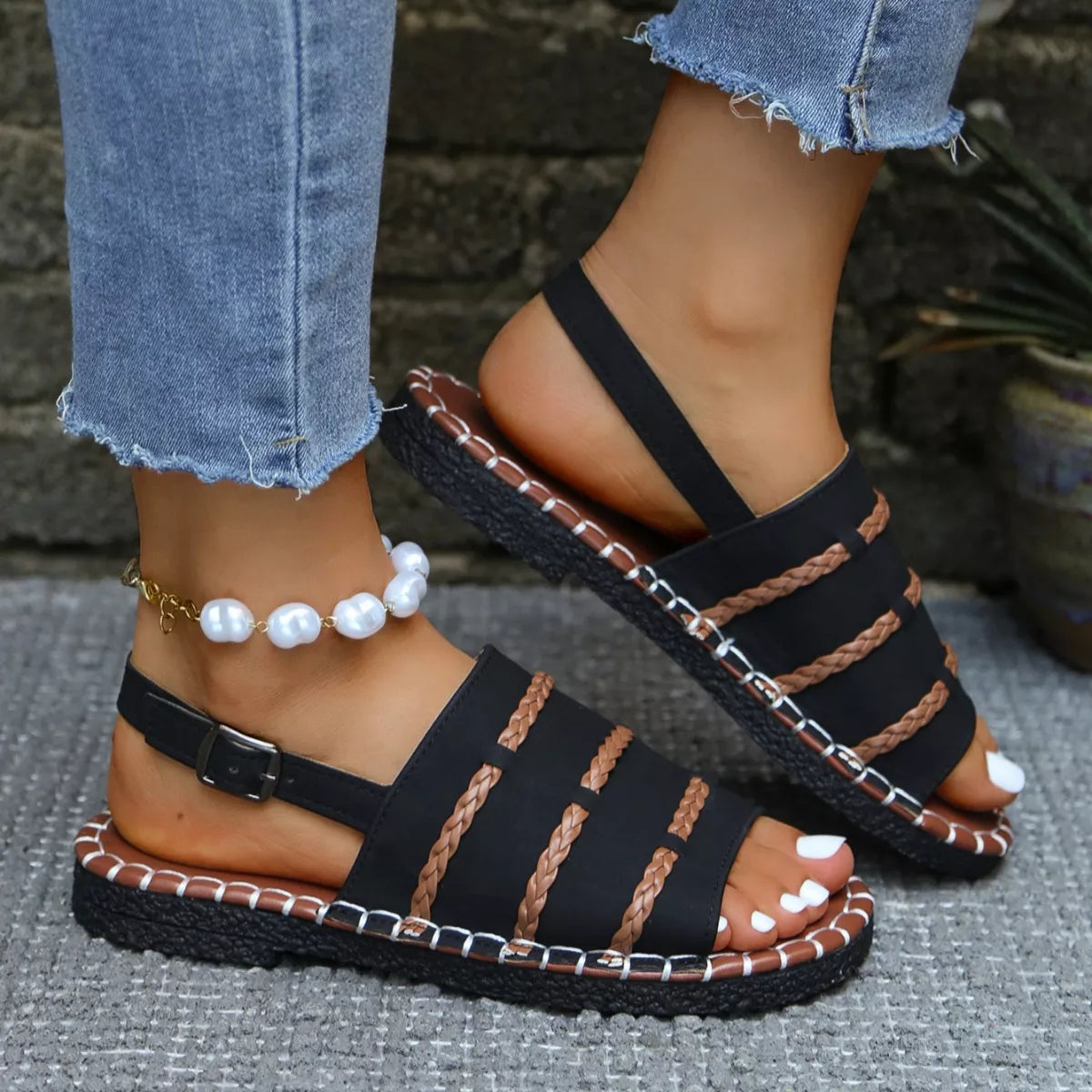 Open Toe Buckle Sandals in White in Army Green for Women