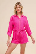 Textured Knit Button Front Romper in Fuchsia for Women