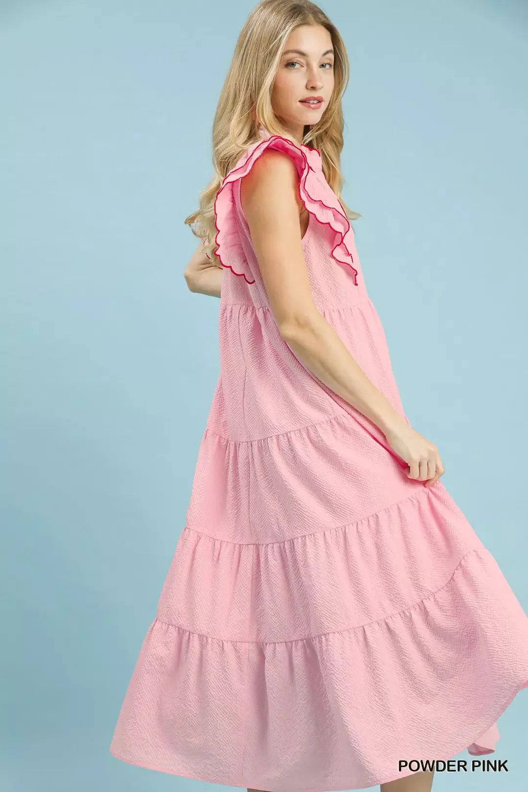 Seersucker Ruffle Sleeve Tiered Midi Dress in Powder Pink for Women