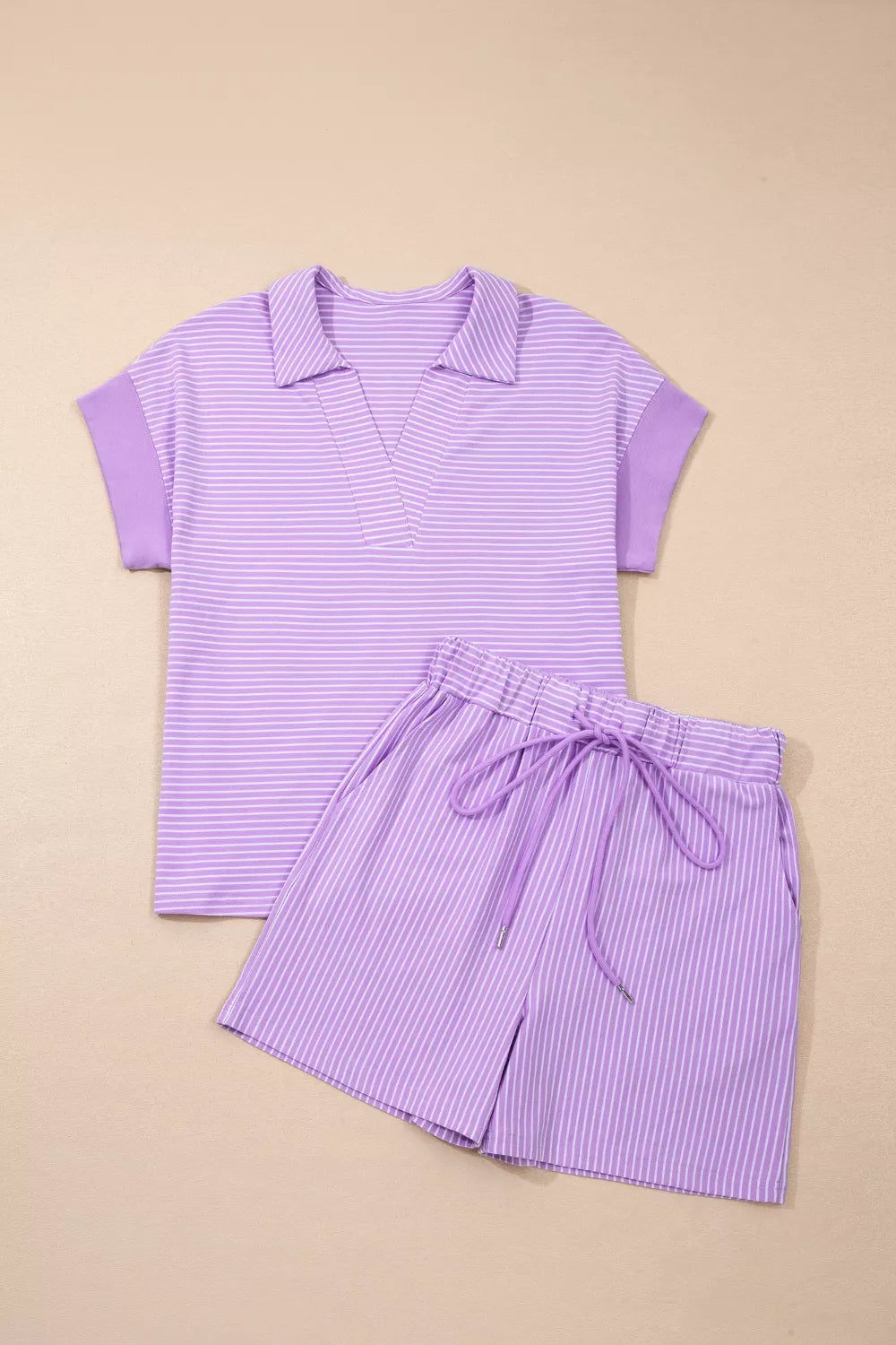 Stripe Dolman Sleeve Polo Shirt and Drawstring Shorts Set for Women