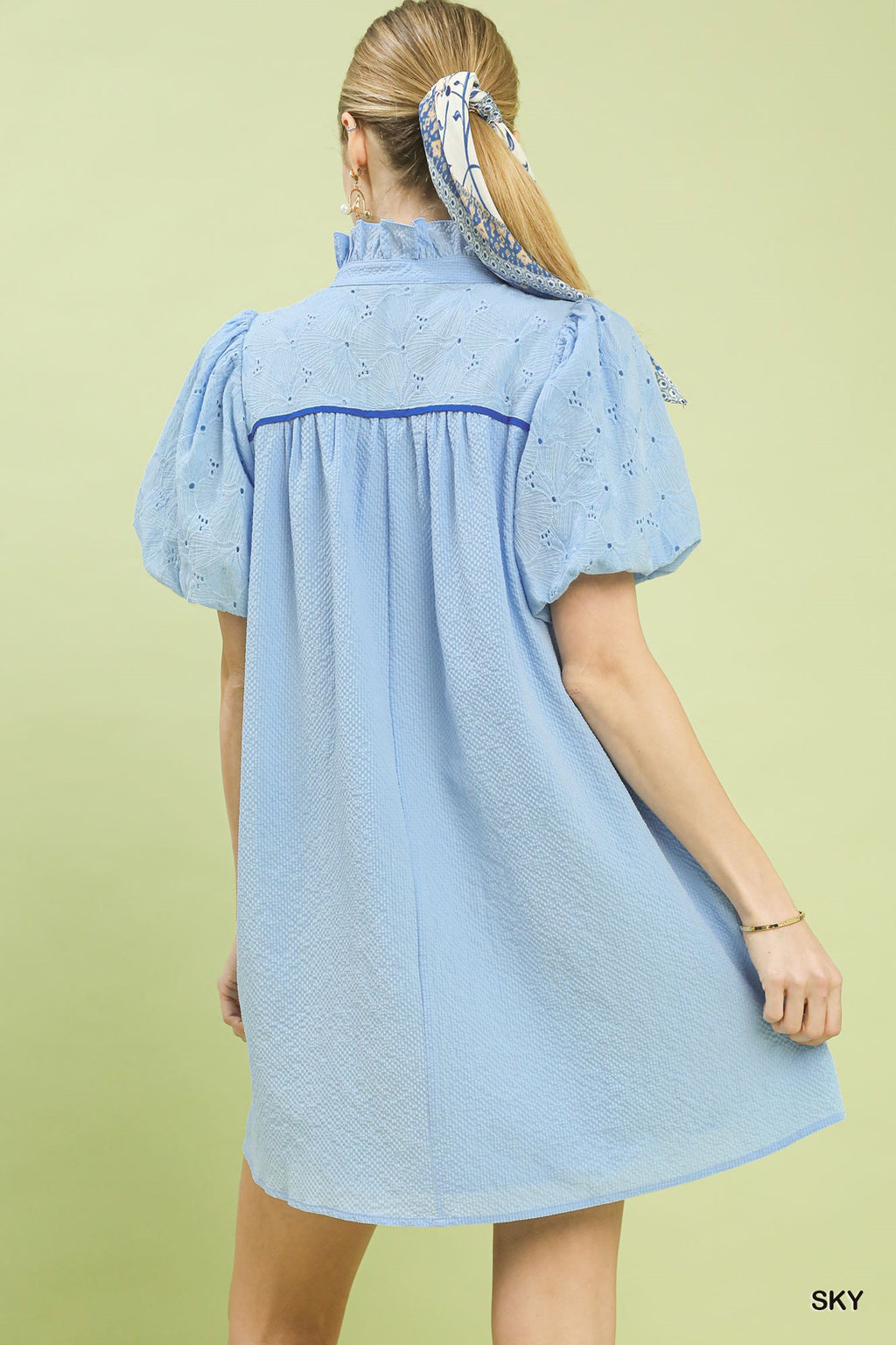 Puff Sleeve Textured Babydoll Dress in Sky for Women