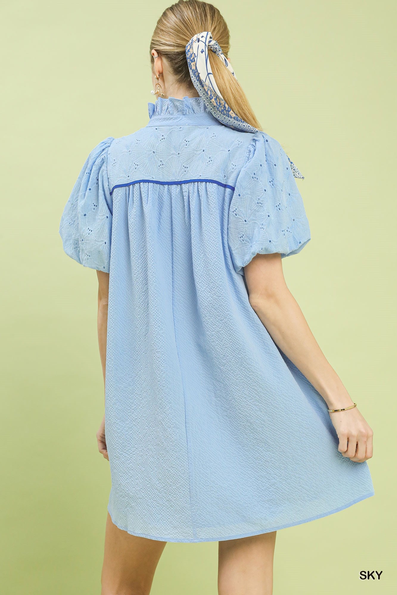 Puff Sleeve Textured Babydoll Dress in Sky for Women