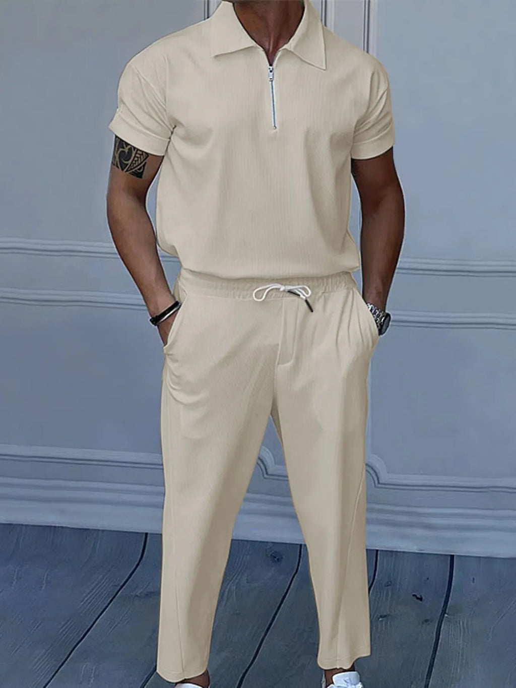 Quarter Zip Short Sleeve Polo and Pants Set Plus Size in White for Men