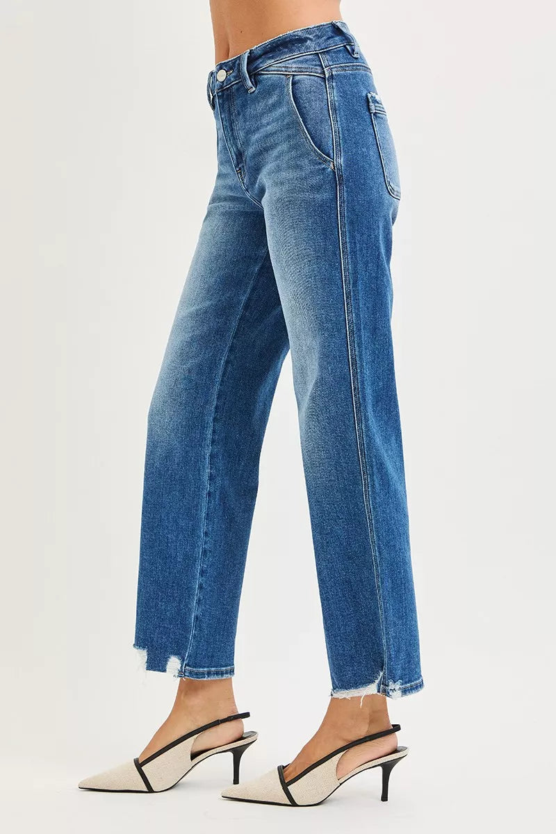 High Rise Ankle Straight Distressed Hem Detail Jeans in Dark for Women