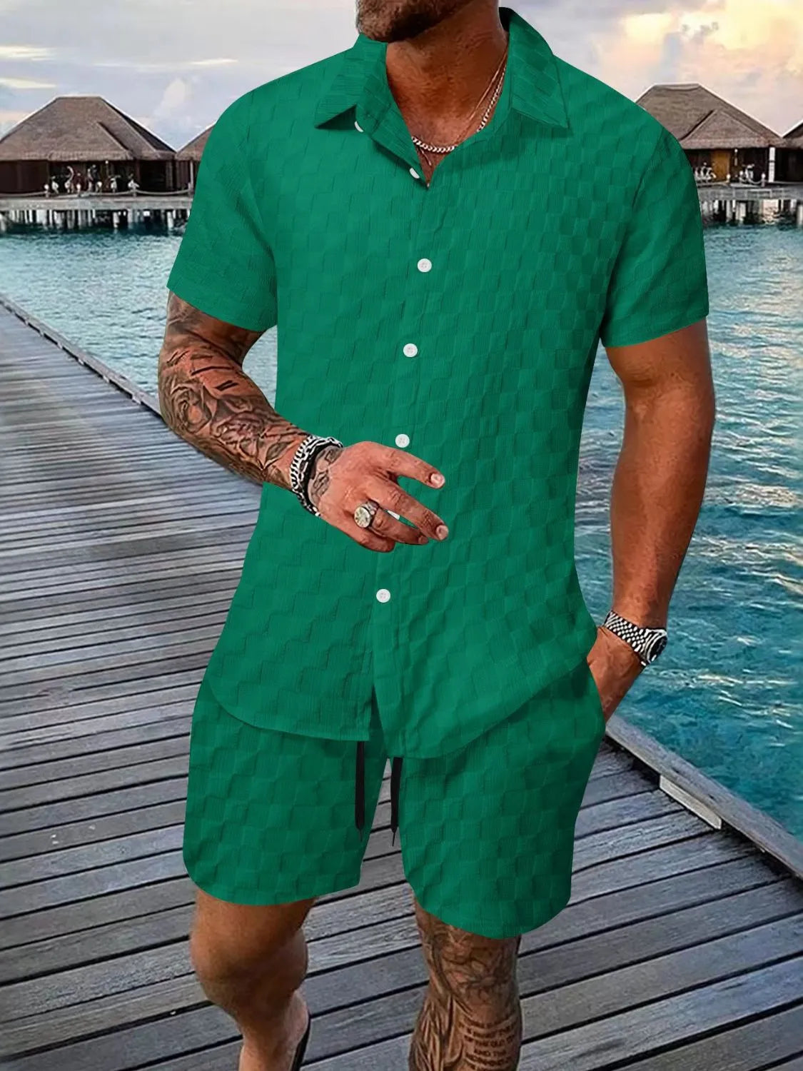 Collared Neck Short Sleeve Top and Shorts Set Plus Size in Light Blue for Men