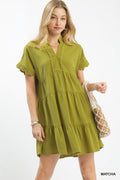 Linen Mini Dress with Scallop Trim in Matcha for Women