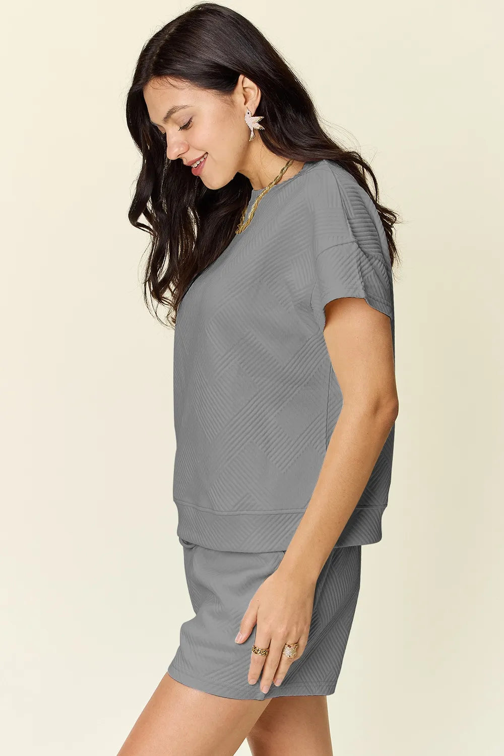 Plus Size Texture Short Sleeve T-Shirt and Drawstring Shorts Set in Mocha in Deep Teal for Women