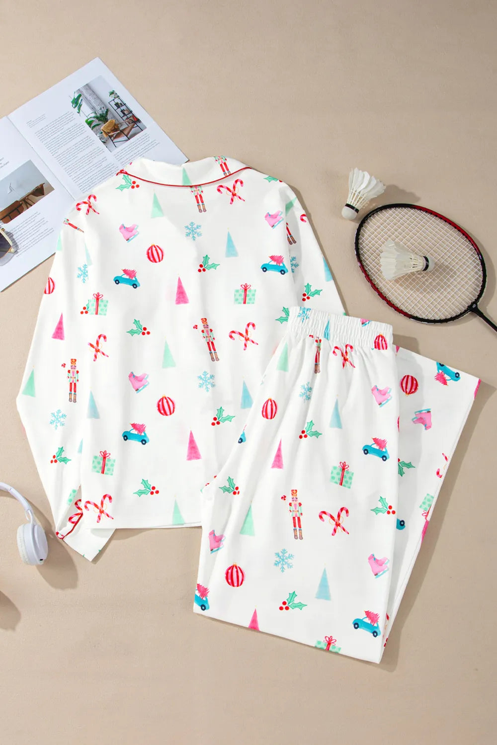 Christmas Printed Collared Neck Top and Pants Lounge Set for Women
