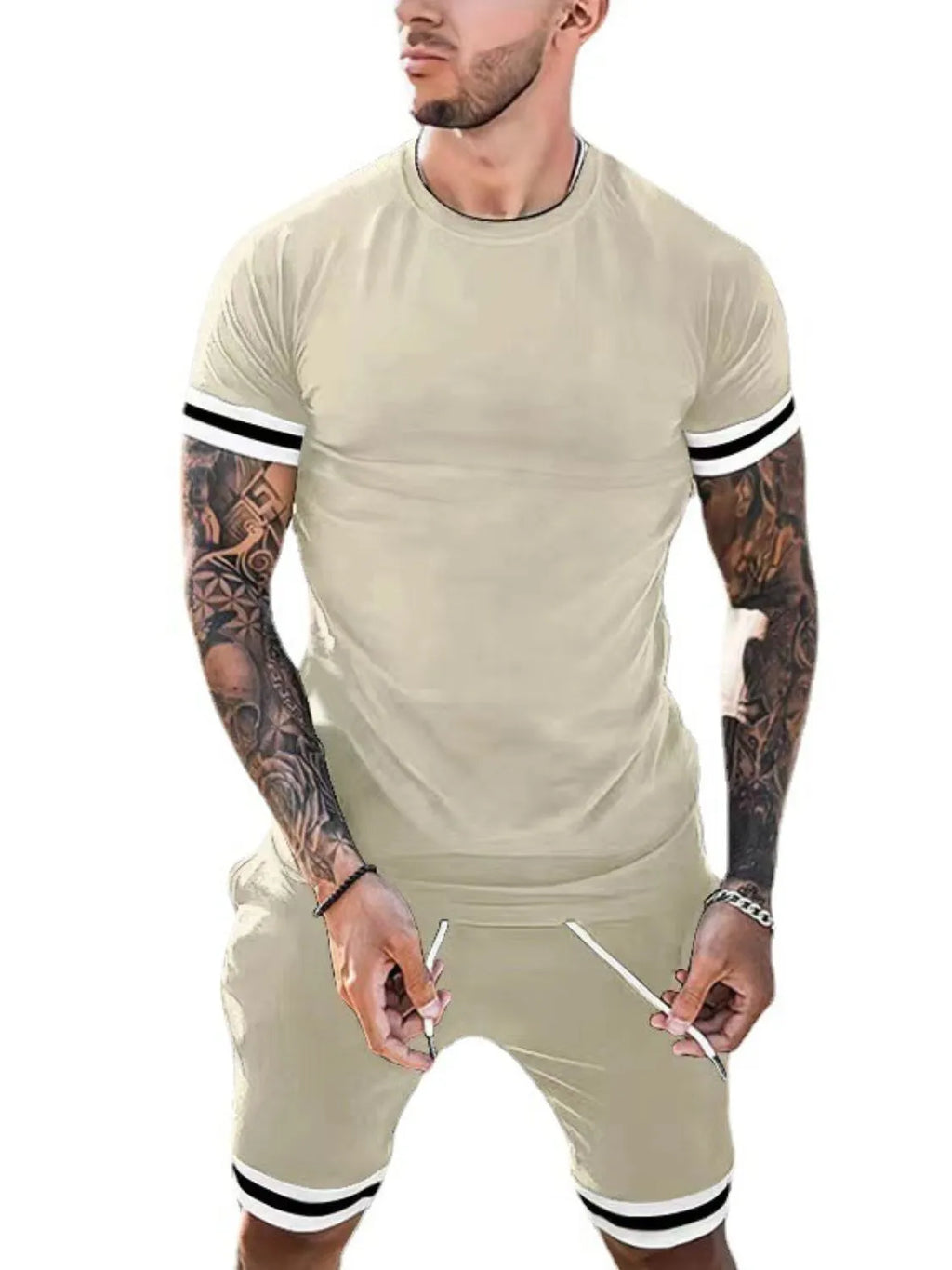Plus Size Round Neck Short Sleeve Top and Shorts Set in Classic in Black for Men