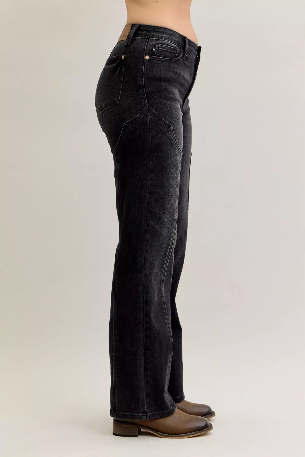 Mid Rise Straight Western Seam Detail Jeans in Bk for Women