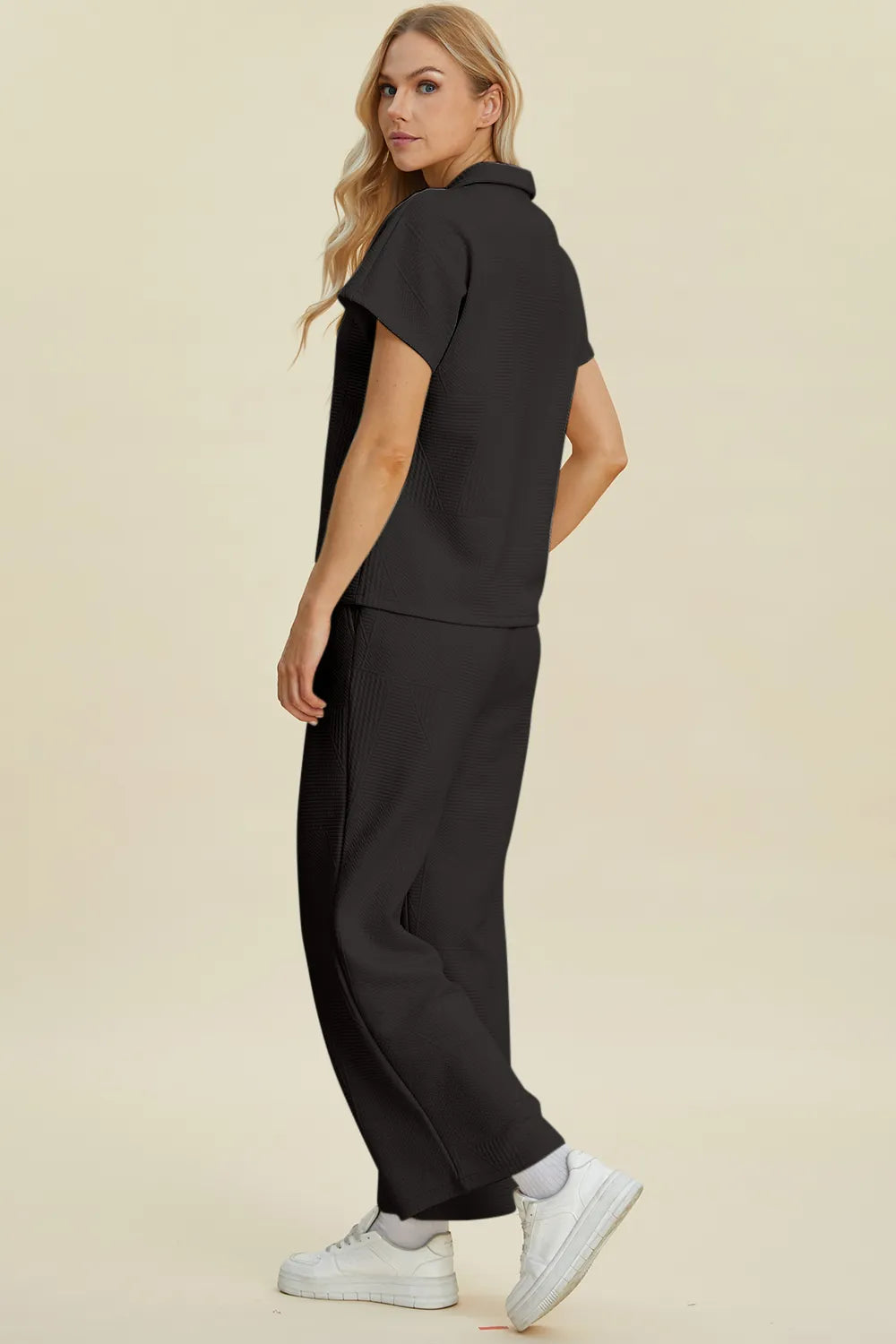 Plus Size Collared Neck Short Sleeve Top and Pants Set in Black for Women